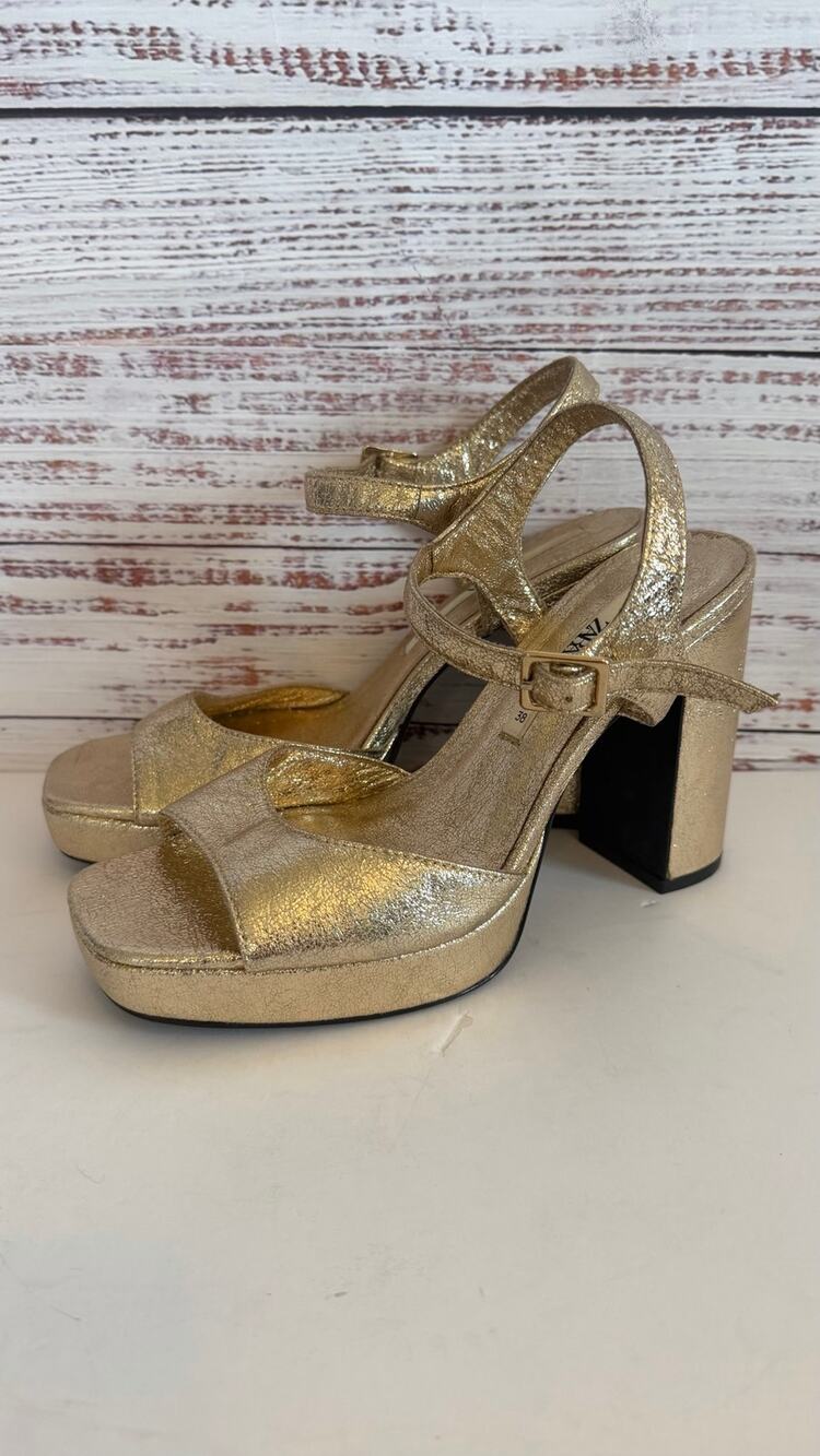 Zara Metallic Gold Platform Block Heeled Sandals Strap Size 38
